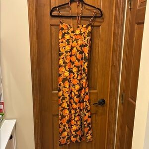 Urban Outfitters Vibrant Floral Dress XS Yellow retro Black beaded fringe sexy